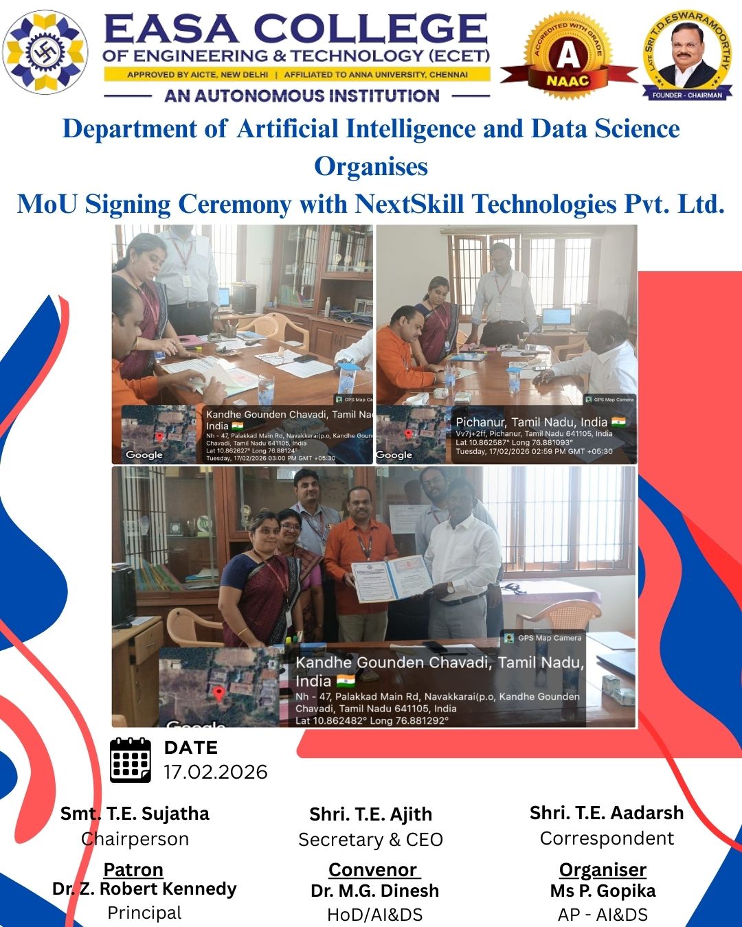 MoU Signed with EASA College of Engineering and Technology